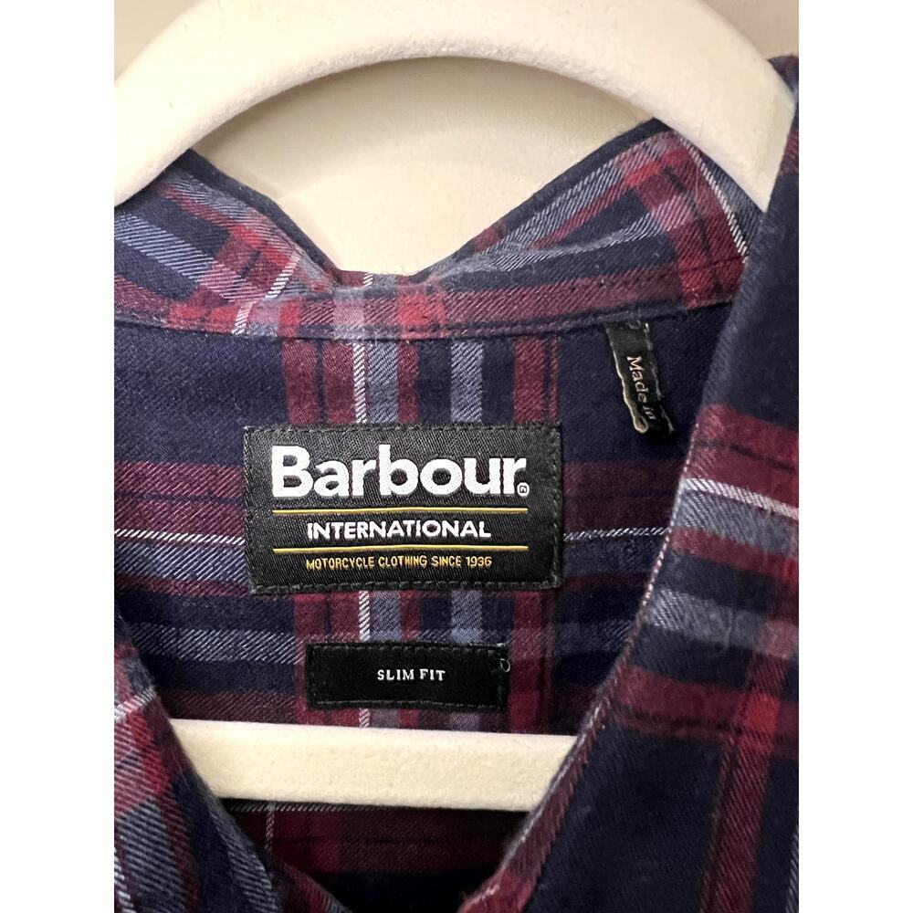 Barbour Plaid Lane Button Up Shirt Slim Fit Men's Size Large Navy Red - Picture 3 of 5